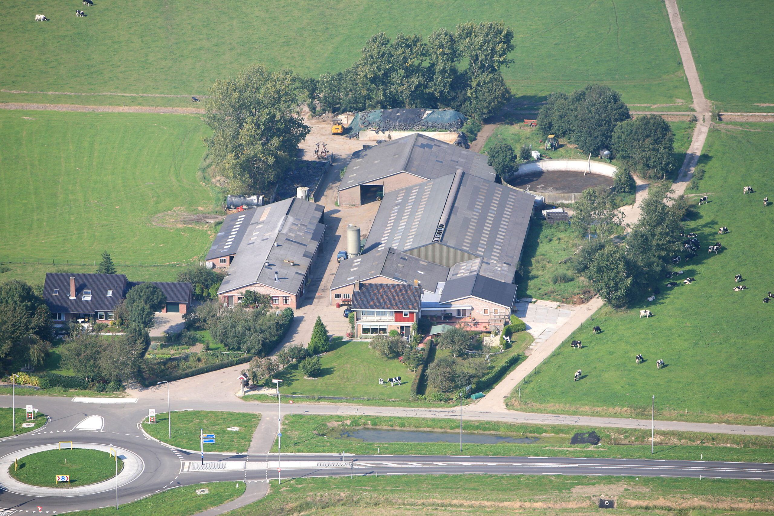 Overzicht van de open stallen en centrale mestopslag op De Lange Hoeve, de basis voor een lokale en gezonde kringloop.
