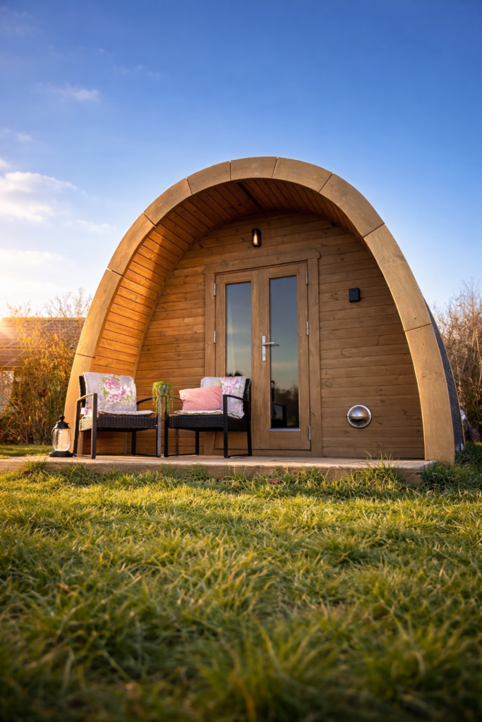Vrijstaande campingpod met twee slaapkamers, weids uitzicht en privé-relaxplein"